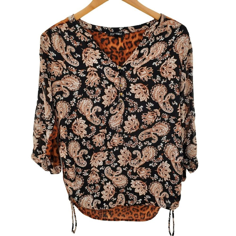 Roz & Ali Womens Paisley Leopard Print Half Button Blouse Size M Boho 3/4 Sleeve